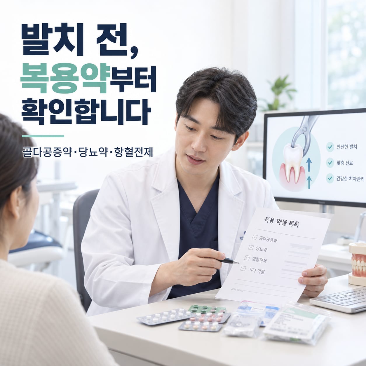 발치 전 골다공증약과 당뇨약, 항혈전제 복용 여부를 확인하는 치과 문진 안내 이미지