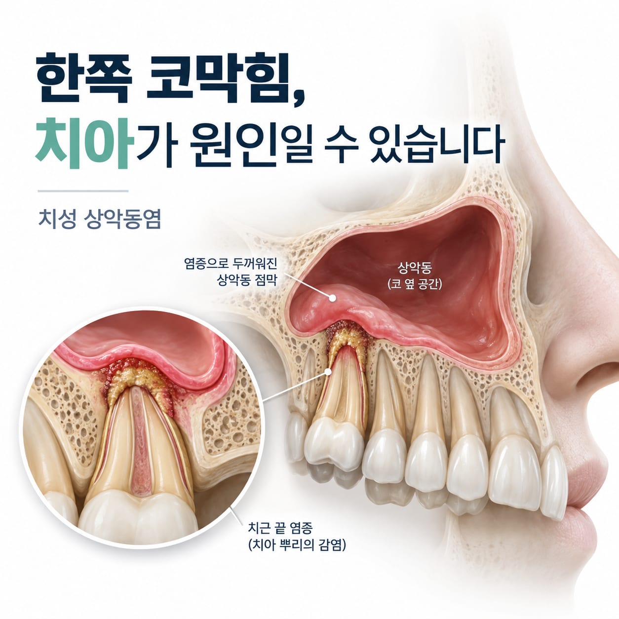 윗어금니 뿌리 염증이 상악동으로 번지는 치성 상악동염의 발생 경로를 설명하는 이미지