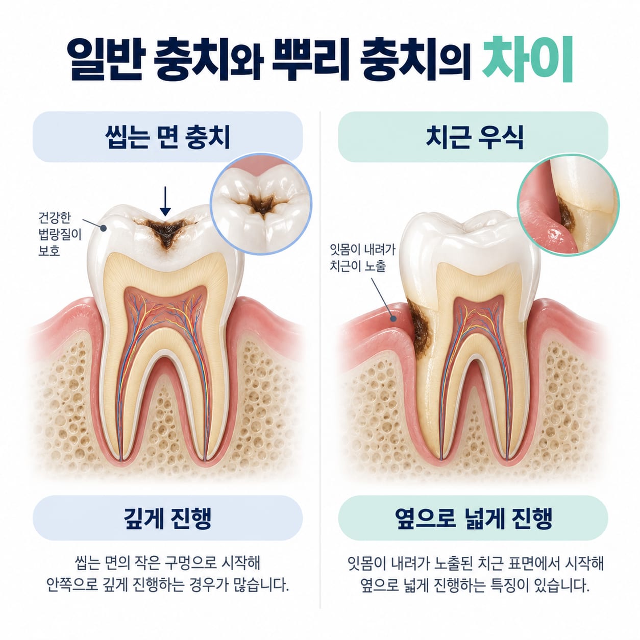 씹는 면 충치와 뿌리 충치의 진행 방향과 발생 부위 차이를 비교한 그림