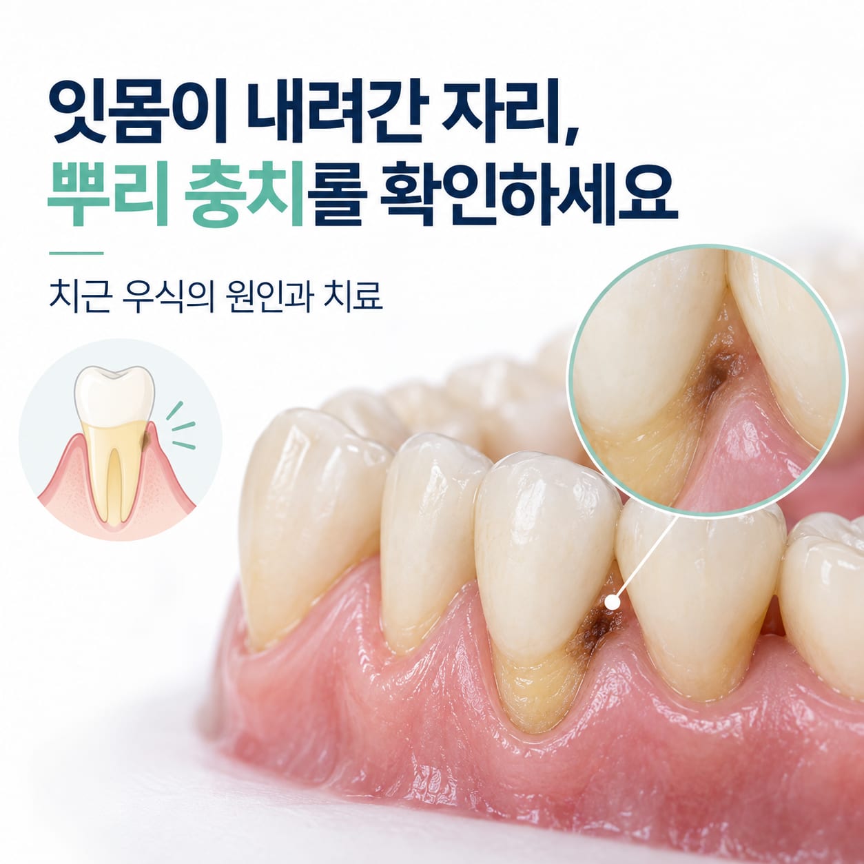 잇몸 퇴축으로 드러난 치아 뿌리에 발생한 치근 우식의 진행 과정을 설명하는 이미지