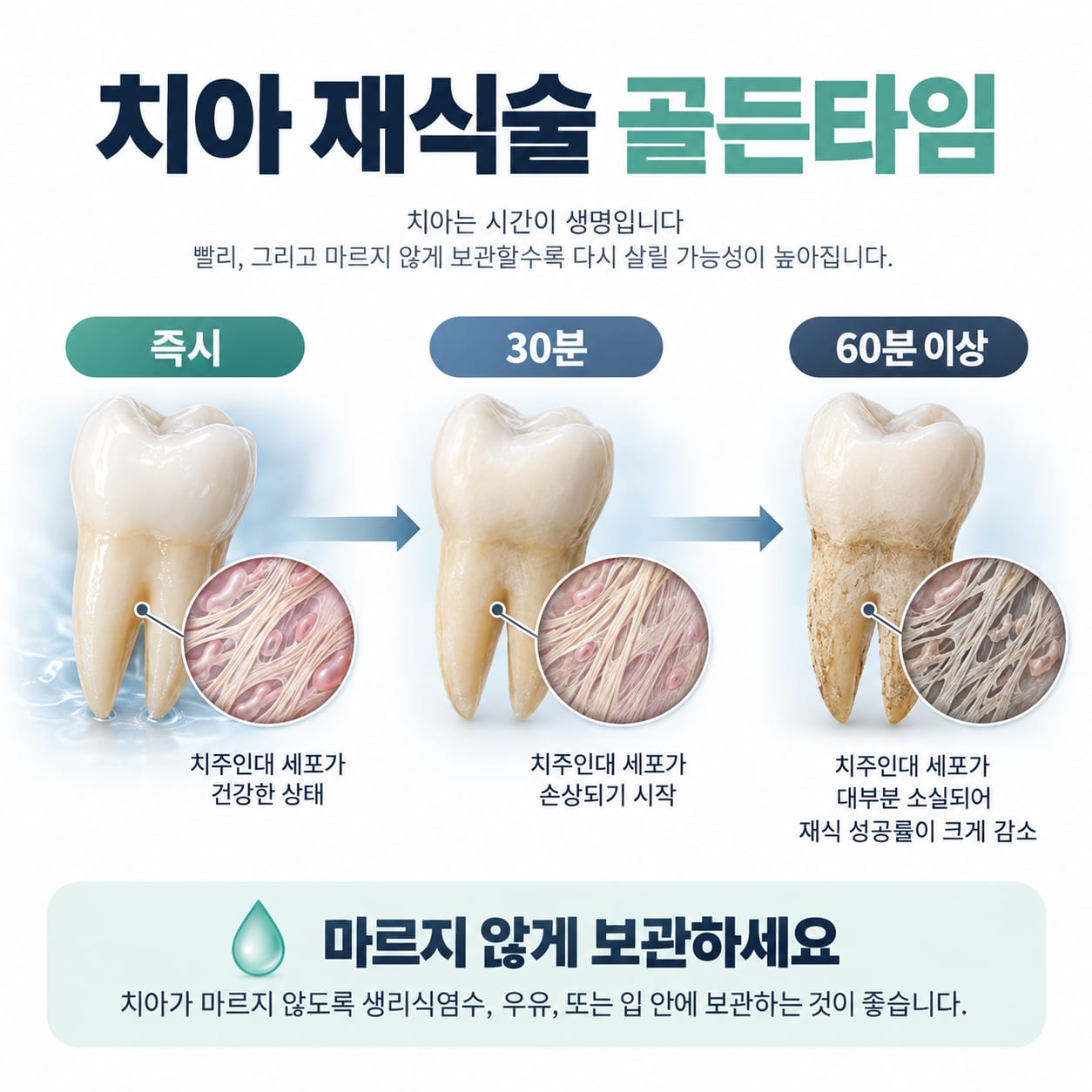 치아 재식술 골든타임 30분의 근거를 치주인대 세포 생존 시간으로 설명하는 그림