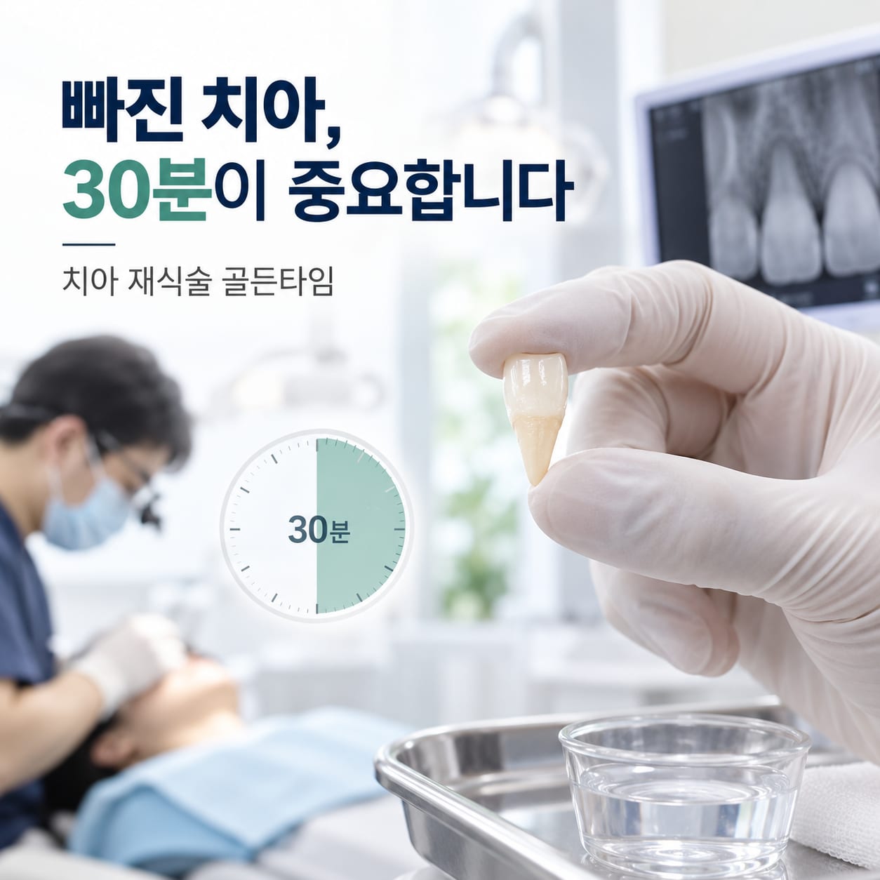 외상으로 빠진 치아의 보관 방법과 치아 재식술 치료 과정을 안내하는 이미지