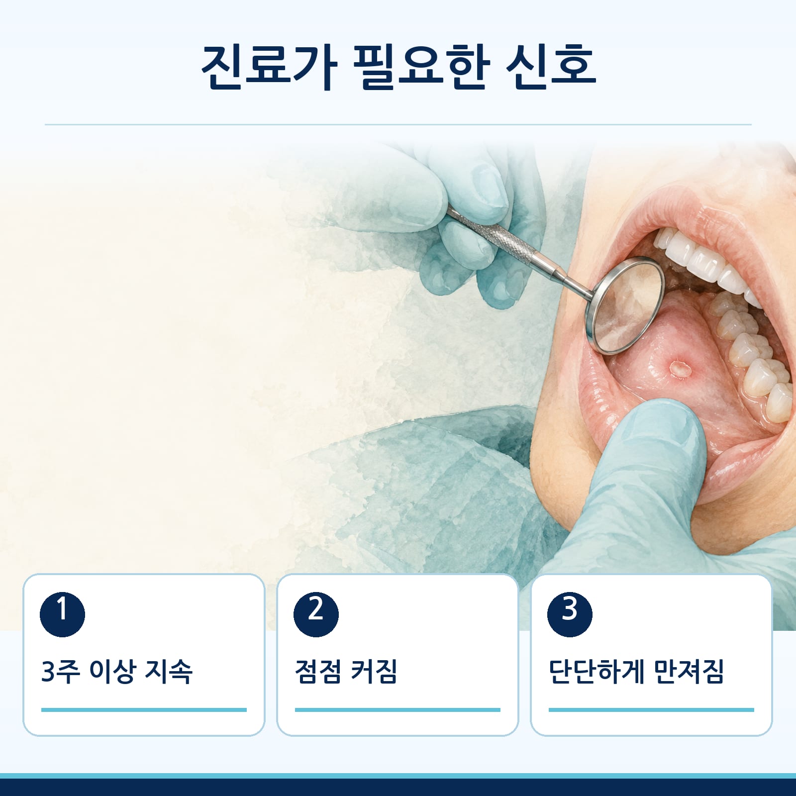 3주 이상 지속, 점점 커짐, 단단하게 만져짐 등 진료가 필요한 궤양의 신호를 안내하는 그림